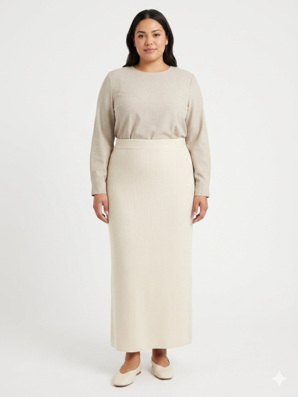 Avenue Cream Ribbed Knit Midi Skirt 2X Plus Size Stretch Waist